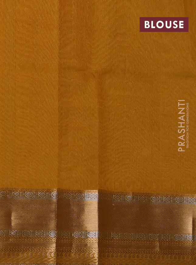 Kora silk cotton saree green and mustard yellow with silver & gold zari woven buttas and zari woven border
