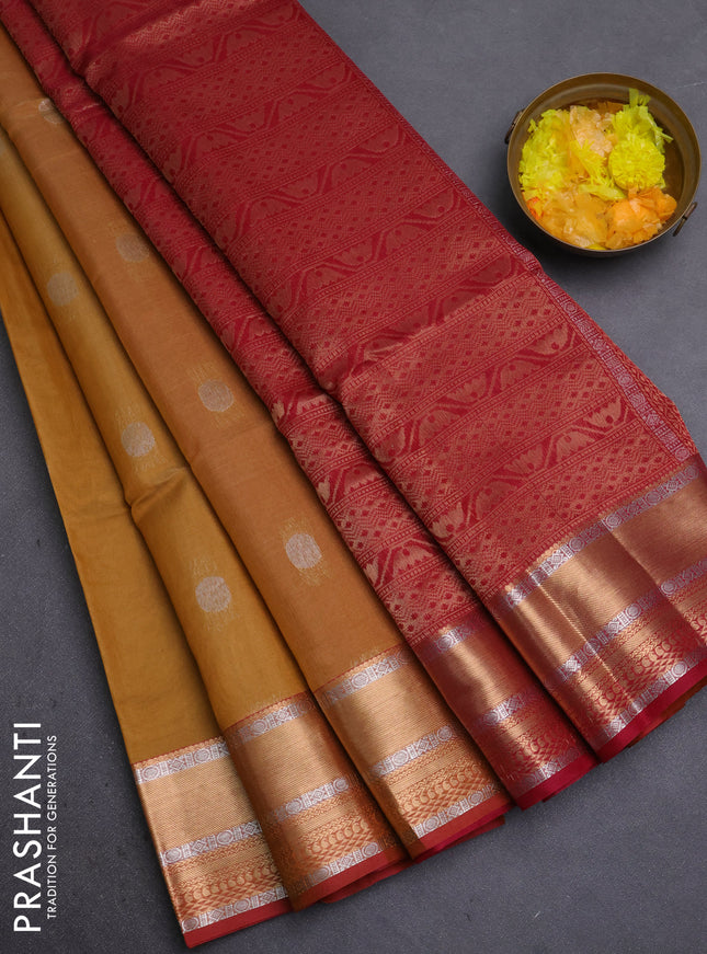 Kora silk cotton saree sandal and maroon with silver & gold zari woven buttas and zari woven border