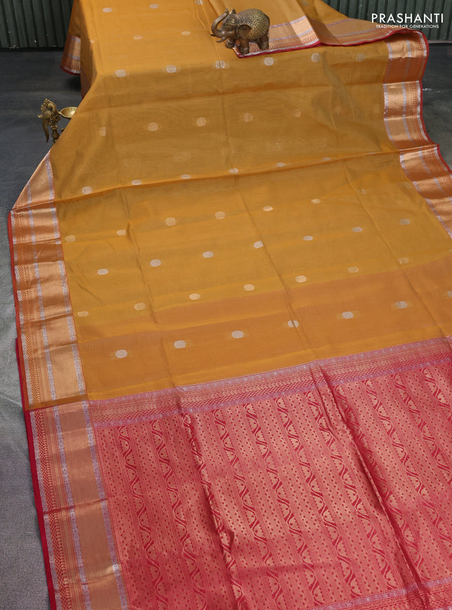 Kora silk cotton saree sandal and maroon with silver & gold zari woven buttas and zari woven border