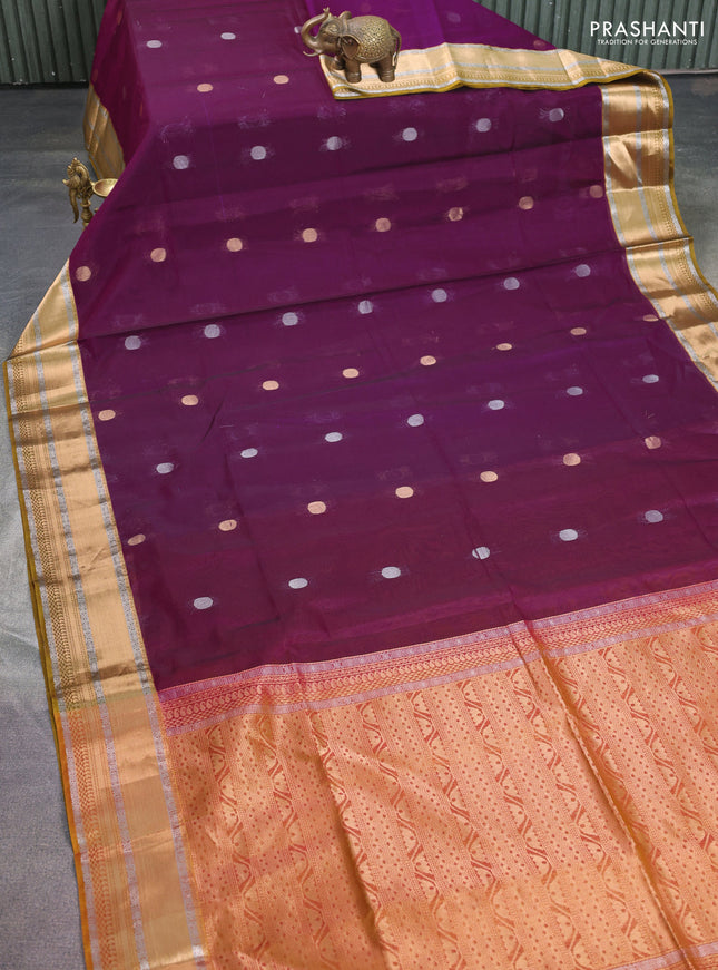 Kora silk cotton saree purple and dual shade of dark mustard with silver & gold zari woven buttas and zari woven border