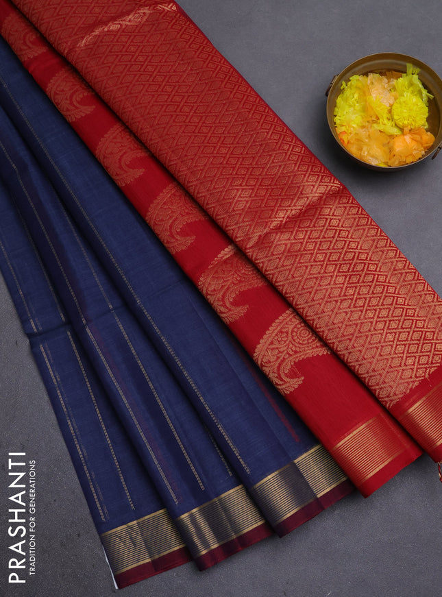 Kora silk cotton saree dark blue and red with allover thread & zari weaves and zari woven border
