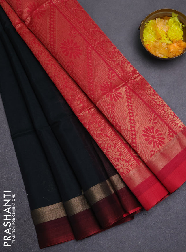 Kora silk cotton saree deep bottle green and pink with zari woven buttas and zari woven border