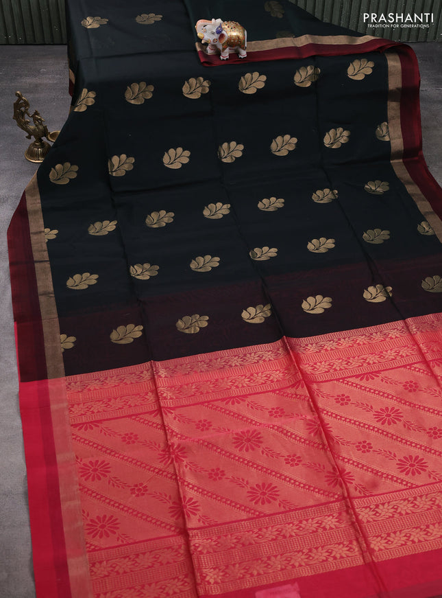Kora silk cotton saree deep bottle green and pink with zari woven buttas and zari woven border
