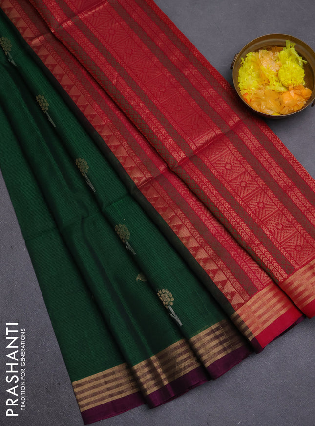 Kora silk cotton saree green and reddish pink with silver & gold zari woven buttas and zari woven border