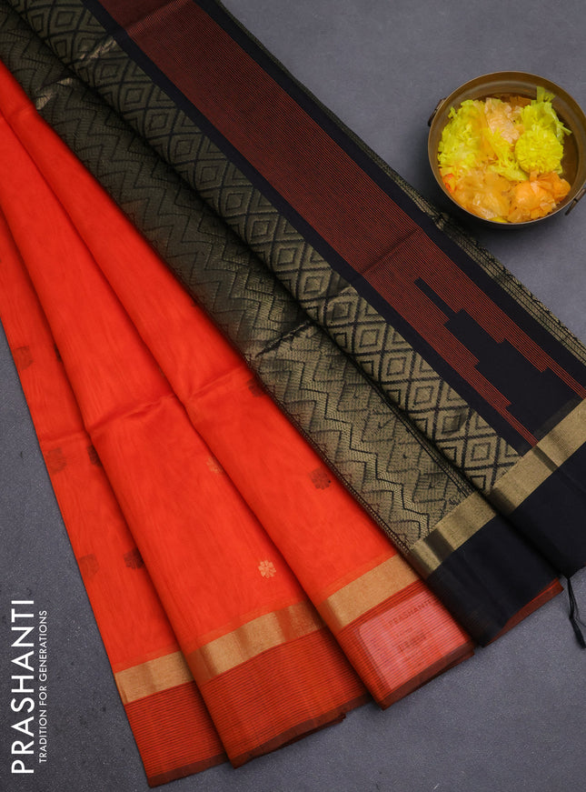 Kora silk cotton saree orange and black with thread & zari woven buttas and zari woven simple border