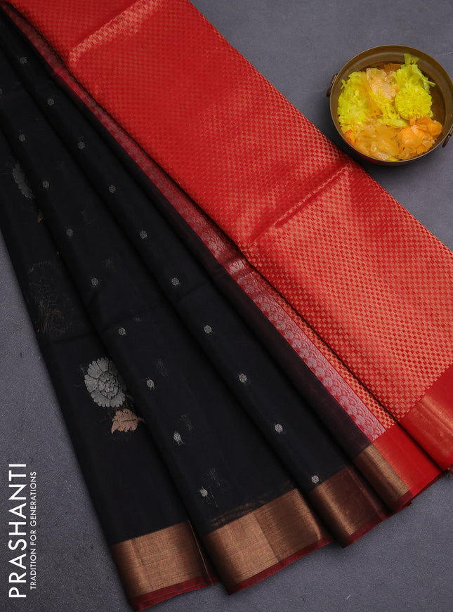 Kora silk cotton saree black and red with silver & gold zari woven buttas and zari woven border