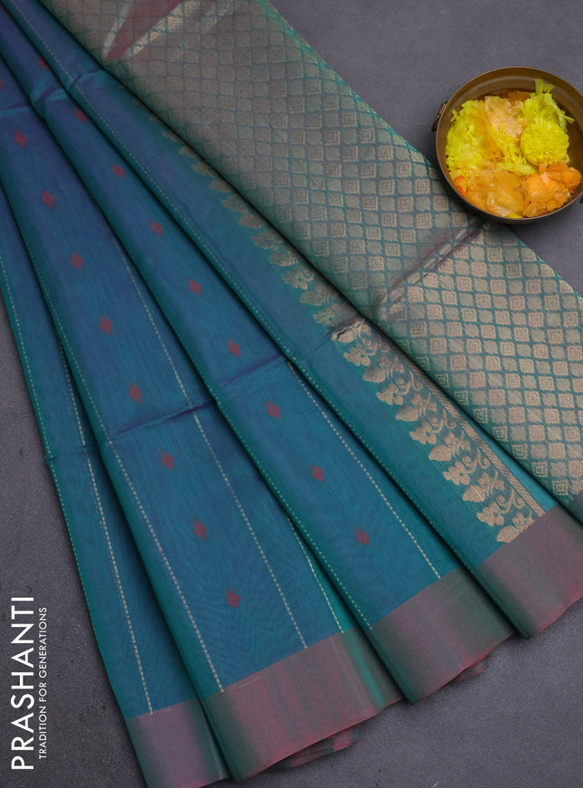 Kora silk cotton saree dual shade of teal green and dual shade of pinkish green with allover zari weaves & thread buttas and simple border