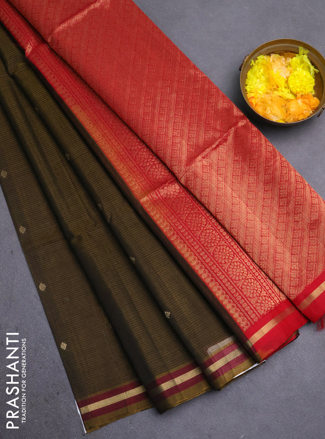 Kora silk cotton saree mehendi green and red with zari woven buttas and zari woven border