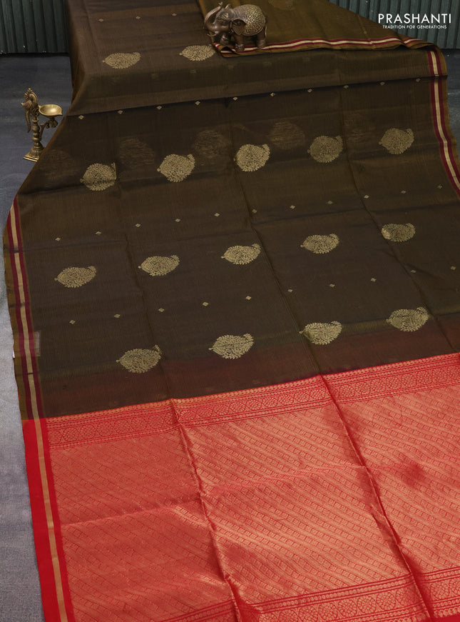 Kora silk cotton saree mehendi green and red with zari woven buttas and zari woven border