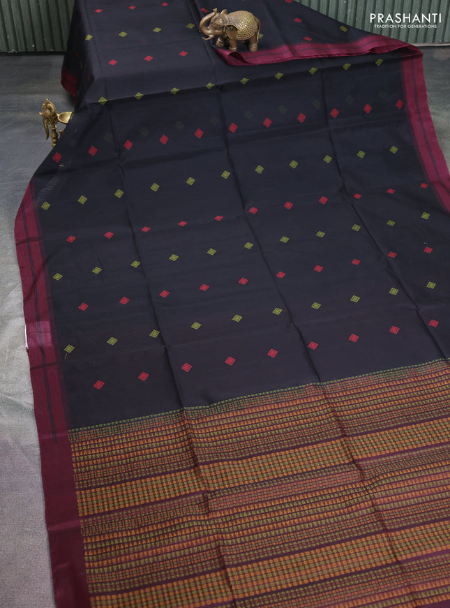 Kora silk cotton saree black and deep maroon with thread woven geometric buttas and simple border