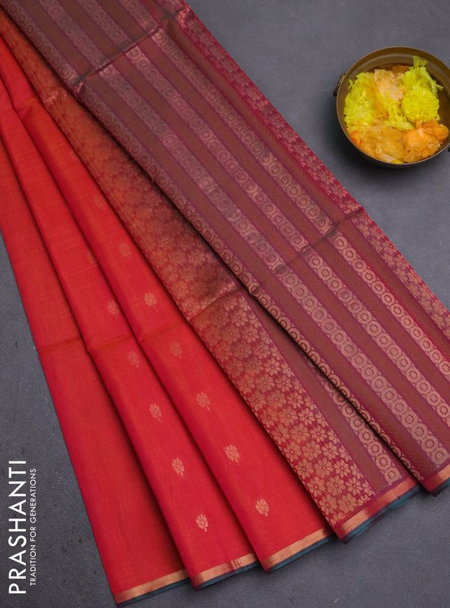 Kora silk cotton saree dual shade of pinkish orange and dual shade of pinkish green with thread & zari woven buttas and zari woven piping border