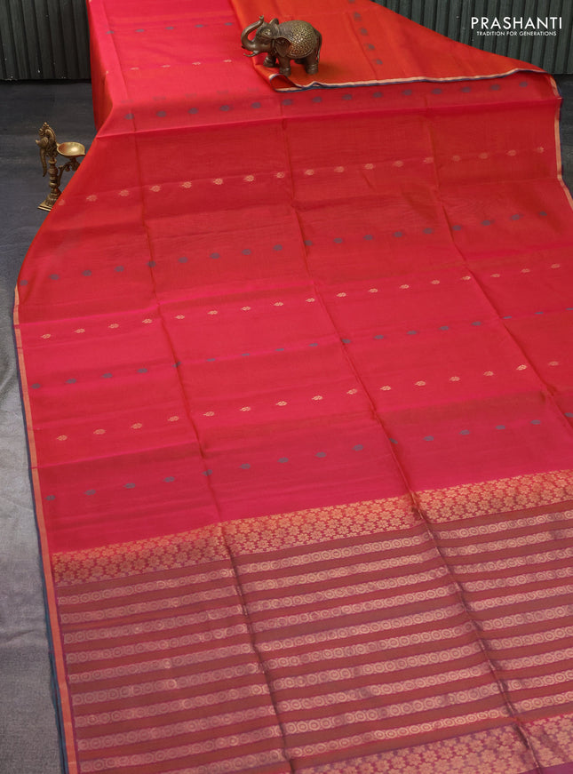 Kora silk cotton saree dual shade of pinkish orange and dual shade of pinkish green with thread & zari woven buttas and zari woven piping border