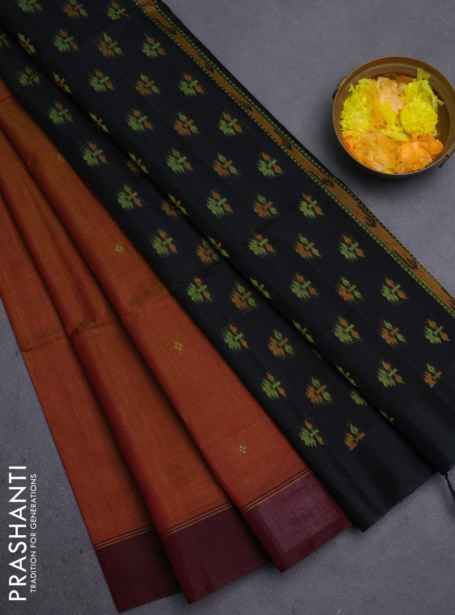 Kora silk cotton saree dual shade of dark mustard and maroon black with thread woven buttas and simple border