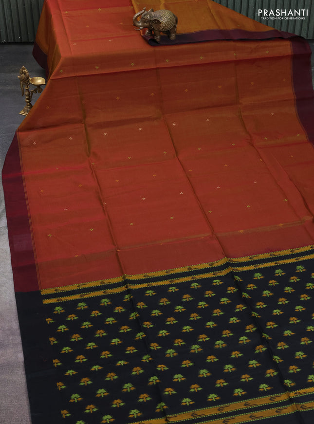 Kora silk cotton saree dual shade of dark mustard and maroon black with thread woven buttas and simple border