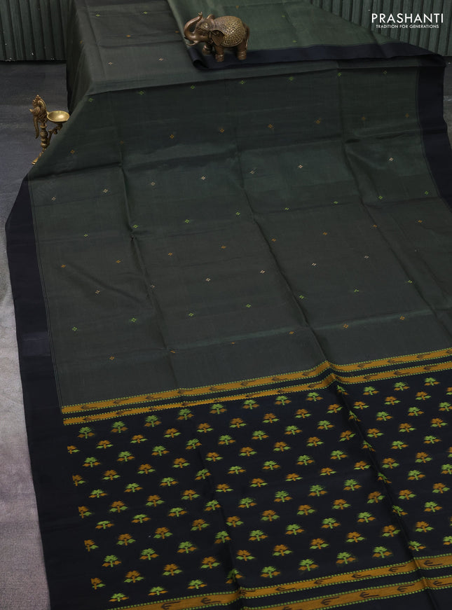 Kora silk cotton saree miltalic green and black with thread woven buttas and simple border