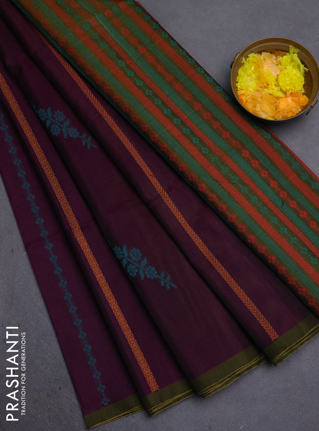 Kora silk cotton saree purple and dark mustard with allover thread weaves & buttas and piping border
