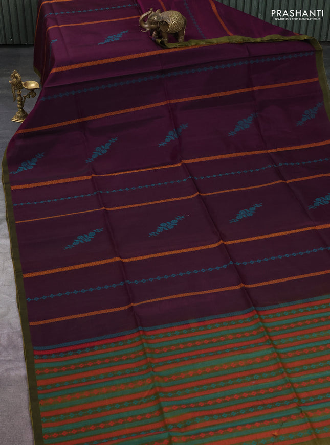 Kora silk cotton saree purple and dark mustard with allover thread weaves & buttas and piping border