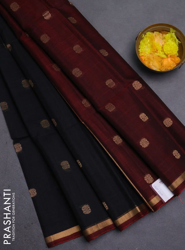 Kora silk cotton saree maroon and black with zari woven buttas and zari woven piping border