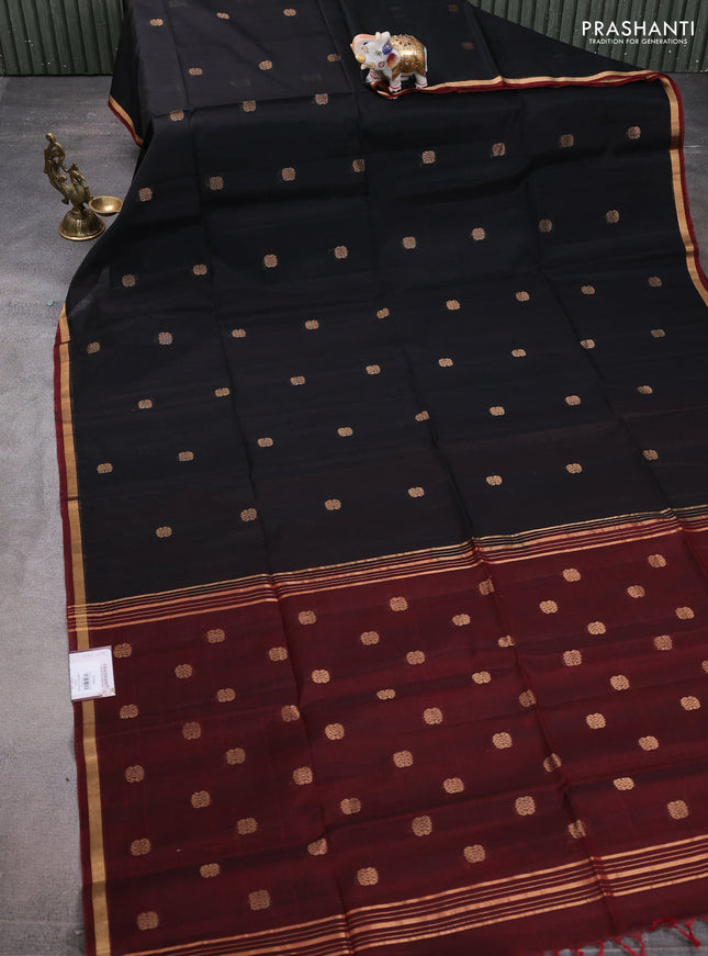 Kora silk cotton saree maroon and black with zari woven buttas and zari woven piping border