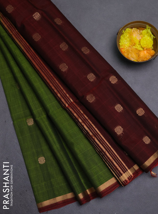 Kora silk cotton saree green and maroon with zari woven buttas and zari woven piping border