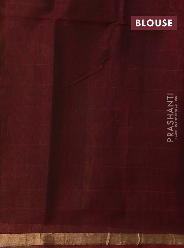 Kora silk cotton saree green and maroon with zari woven buttas and zari woven piping border