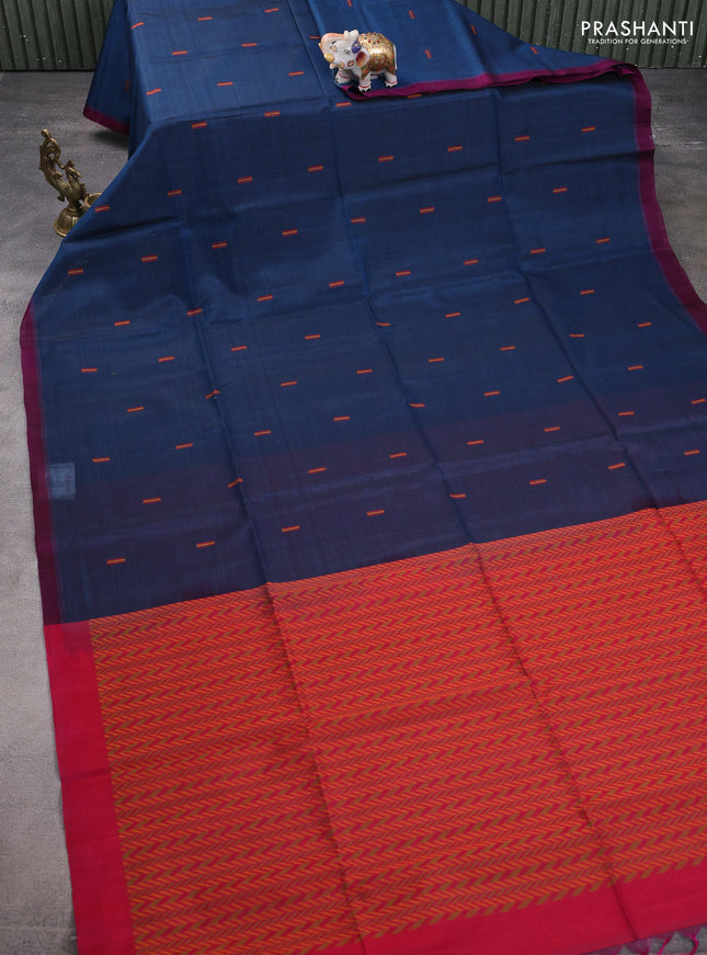 Kora silk cotton saree peacock blue and dual shade of pink with thread woven buttas and simple border