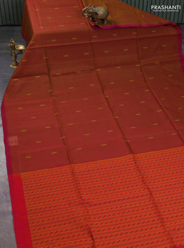 Kora silk cotton saree dual shade of dark mustard and dual shade of pink with thread woven buttas and simple border