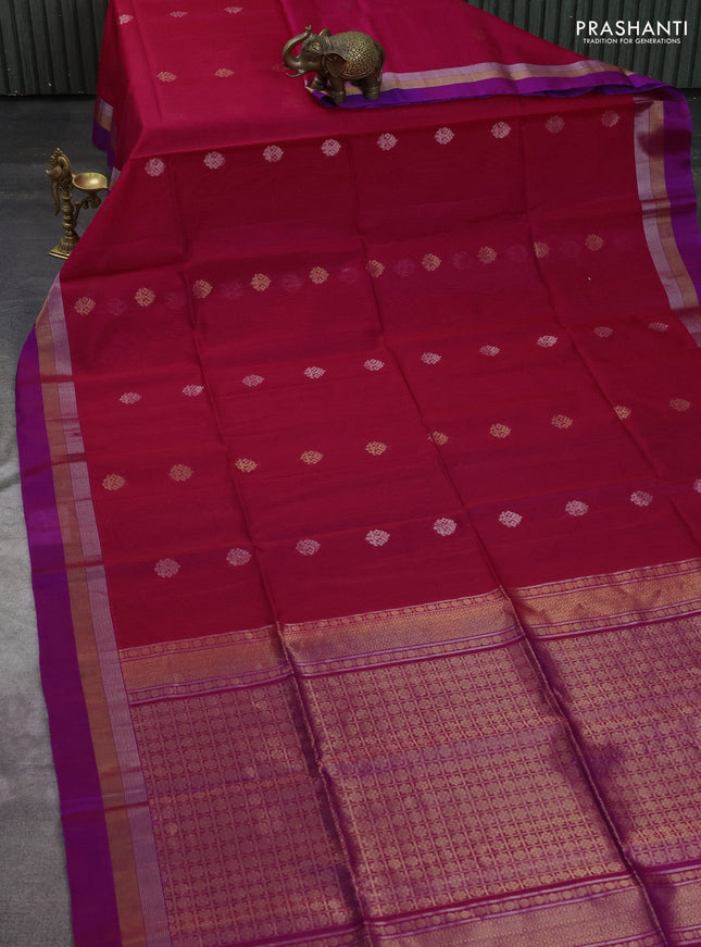 Kora silk cotton saree pink and dual shade of purple with silver & gold zari woven buttas and zari woven simple border