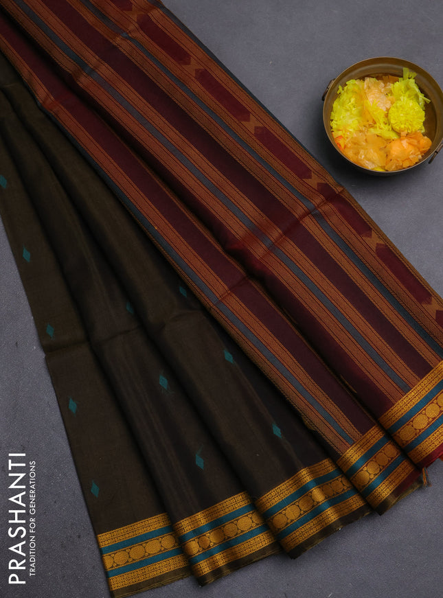 Kora silk cotton saree dark mustard and maroon with thread woven geometric buttas and thread woven border