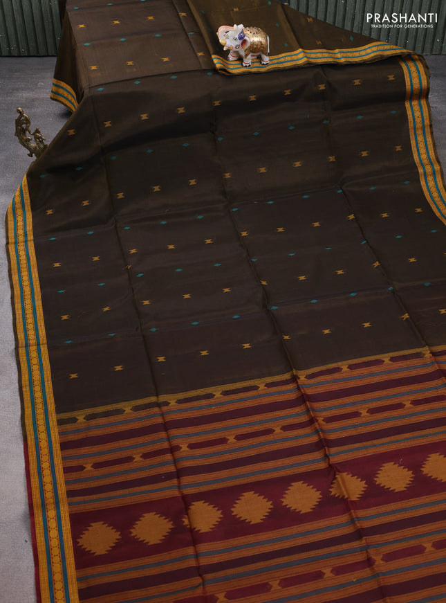 Kora silk cotton saree dark mustard and maroon with thread woven geometric buttas and thread woven border