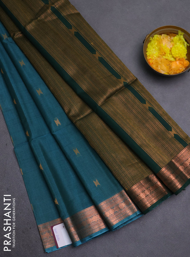 Kora silk cotton saree teal green shade and dark green with zari woven geometric buttas and zari woven border
