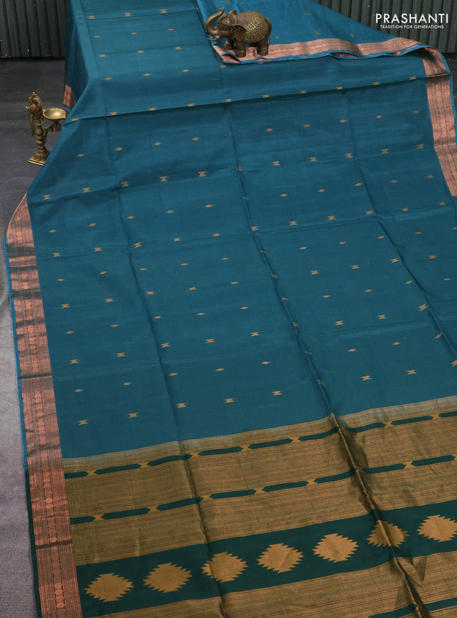 Kora silk cotton saree teal green shade and dark green with zari woven geometric buttas and zari woven border