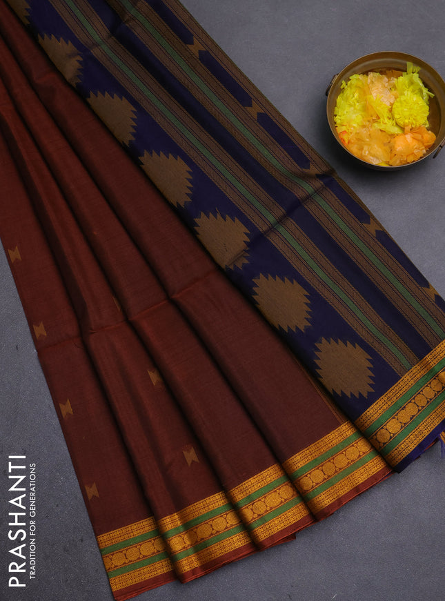 Kora silk cotton saree rustic orange and dark blue with thread woven geometric buttas and thread woven border