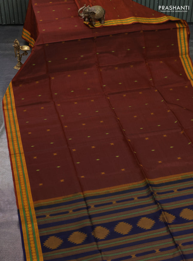 Kora silk cotton saree rustic orange and dark blue with thread woven geometric buttas and thread woven border