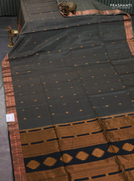 Kora silk cotton saree grey and bottle green with zari woven geometric buttas and zari woven border