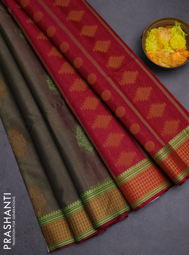 Kora silk cotton saree elaichi green and maroon with thread woven buttas and thread woven border
