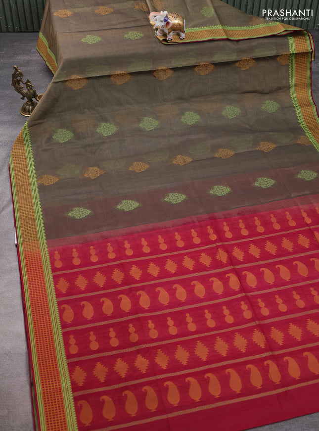 Kora silk cotton saree elaichi green and maroon with thread woven buttas and thread woven border