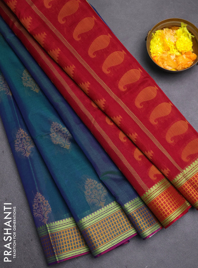 Kora silk cotton saree dual shade of bluish green and maroon with thread woven buttas and thread woven border