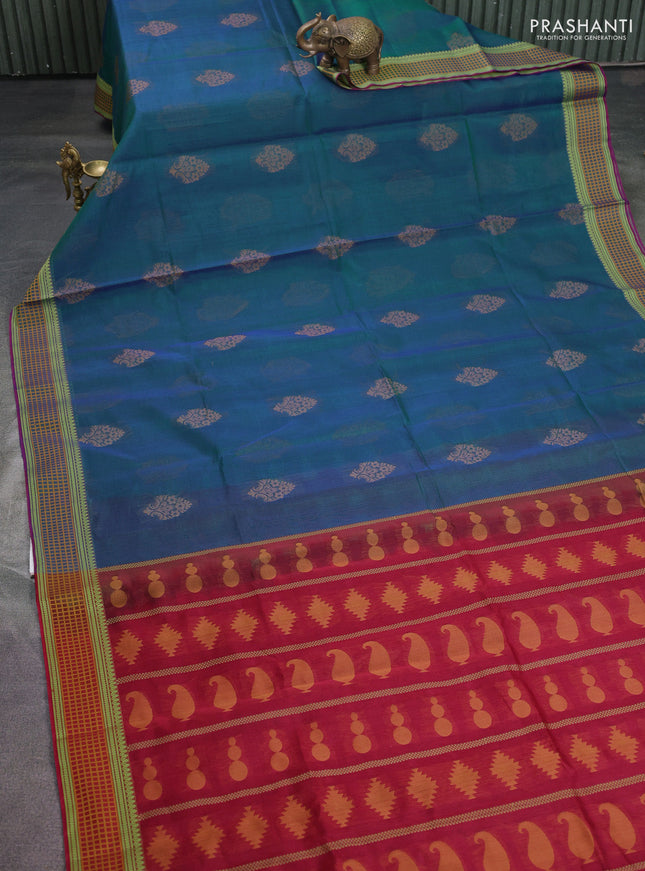 Kora silk cotton saree dual shade of bluish green and maroon with thread woven buttas and thread woven border