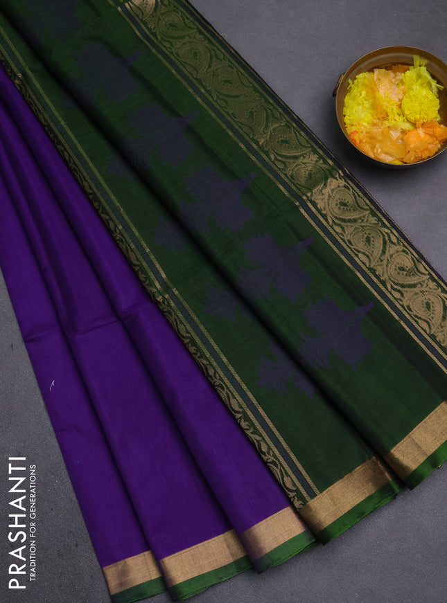 Kora silk cotton saree violet and green with thread woven buttas and zari woven border