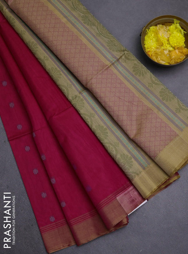 Kora silk cotton saree pink and sandal with thread woven buttas and simple border