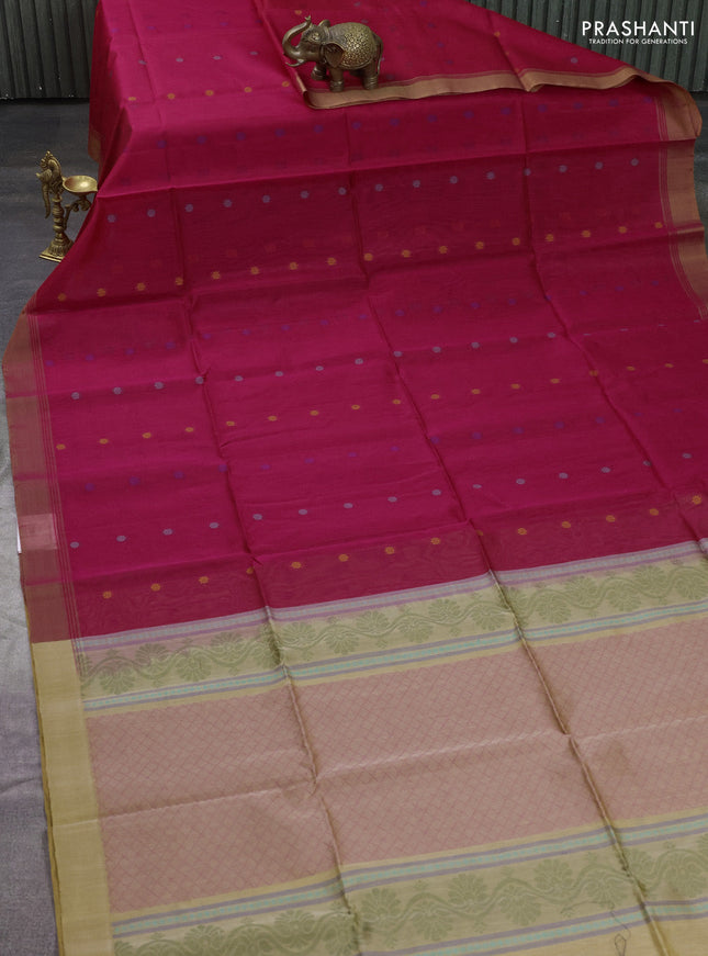 Kora silk cotton saree pink and sandal with thread woven buttas and simple border