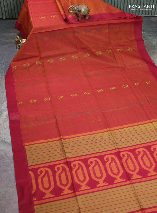 Kora silk cotton saree dual shade of rust and maroon with thread woven buttas and simple border