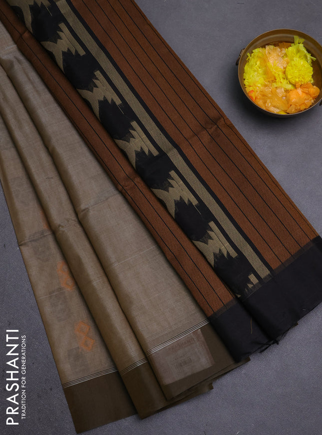 Kora silk cotton saree dual shade of grey and dark olive green with thread woven buttas and simple border