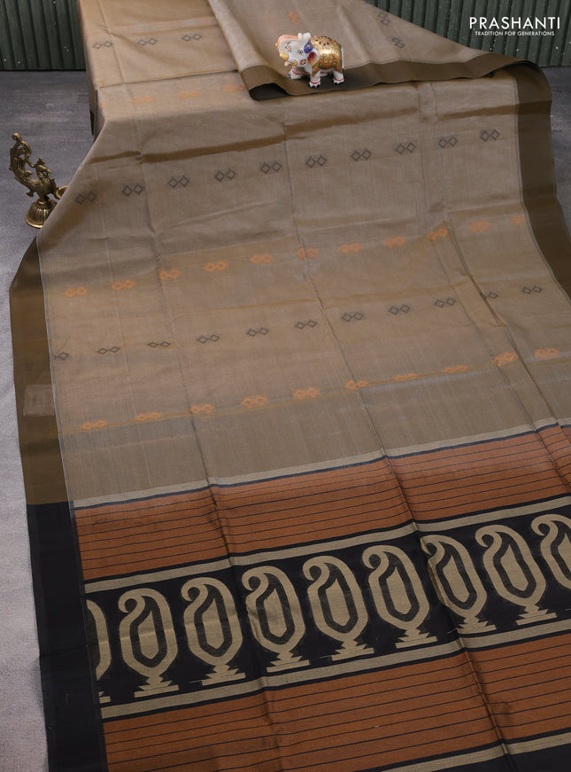 Kora silk cotton saree dual shade of grey and dark olive green with thread woven buttas and simple border