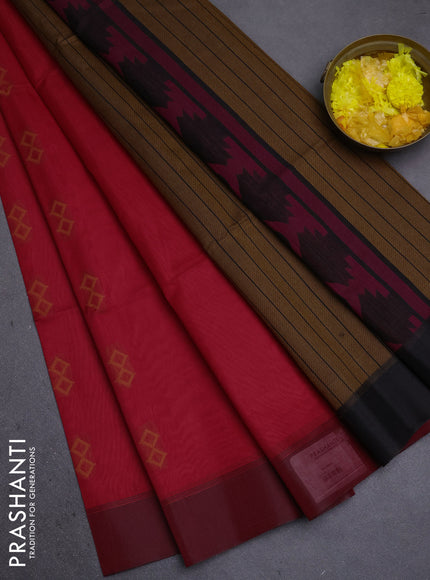 Kora silk cotton saree red and black with thread woven buttas and simple border