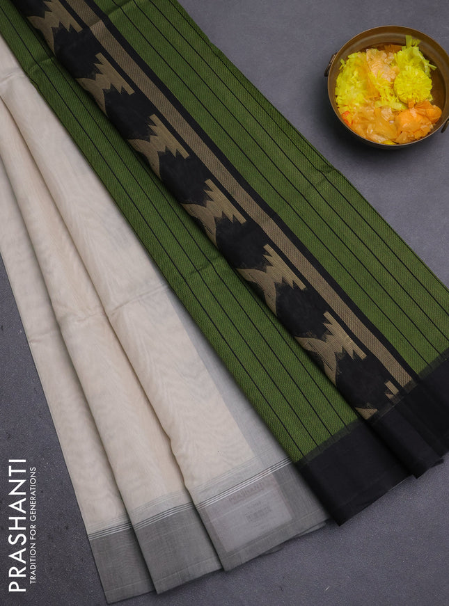 Kora silk cotton saree cream and black with thread woven buttas and simple border