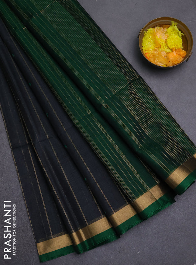 Kora silk cotton saree dark grey and green with allover zari weaves & thread buttas and zari woven border