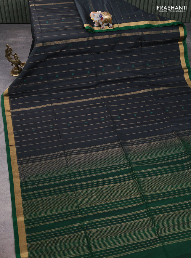 Kora silk cotton saree dark grey and green with allover zari weaves & thread buttas and zari woven border