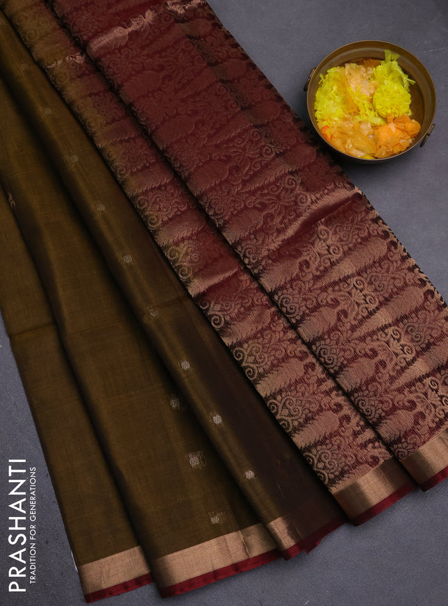 Kora silk cotton saree dark mehendi green and deep maroon with zari woven buttas and zari woven border